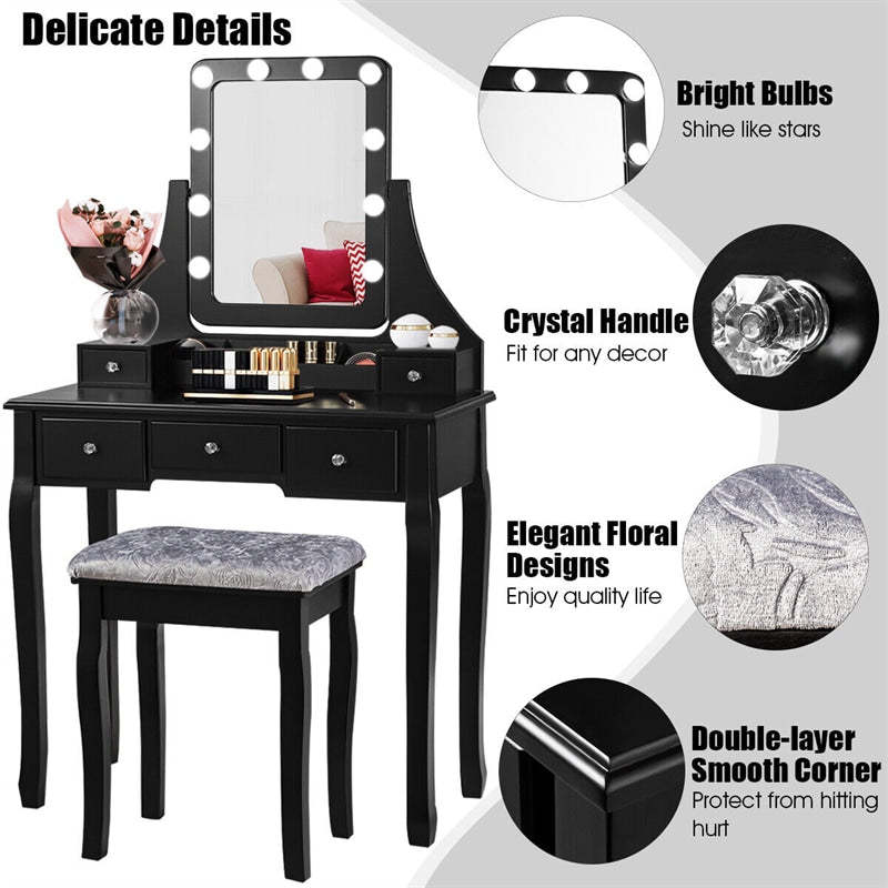 Makeup Vanity Set With Lighted Mirror & Cushioned Stool, Bedroom Dressing Table with 10 Dimming Light Bulbs & 5 Storage Drawers