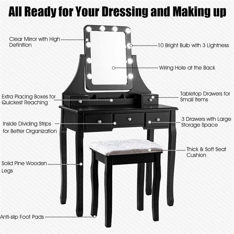 Makeup Vanity Set With Lighted Mirror & Cushioned Stool, Bedroom Dressing Table with 10 Dimming Light Bulbs & 5 Storage Drawers
