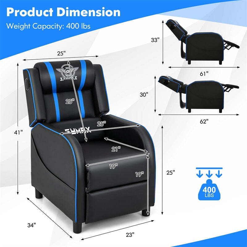 Gaming Recliner PU Leather Massage Gaming Chair with Bluetooth Speaker, Retractable Footrest & Lumbar Pillow, Single Ergonomic Gaming Sofa
