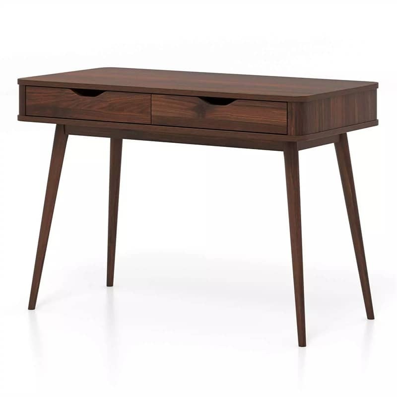 43.5" Mid-Century Desk, Modern Writing Study Desk with 2 Drawers & Rubber Wood Legs, Home Office Desk for Small Space, Vanity Table for Bedroom