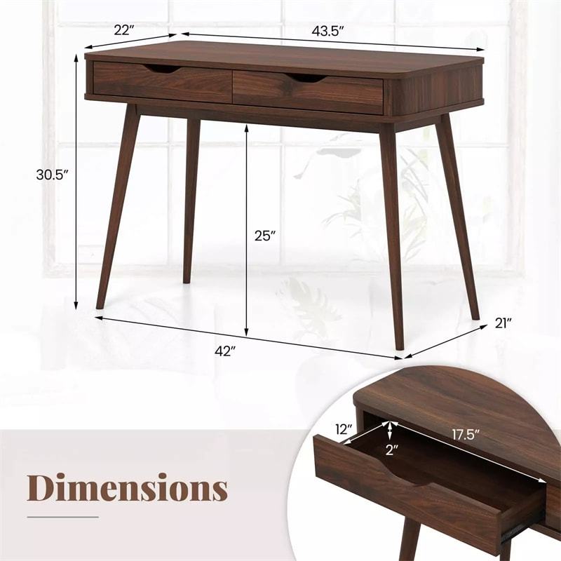 43.5" Mid-Century Desk, Modern Writing Study Desk with 2 Drawers & Rubber Wood Legs, Home Office Desk for Small Space, Vanity Table for Bedroom