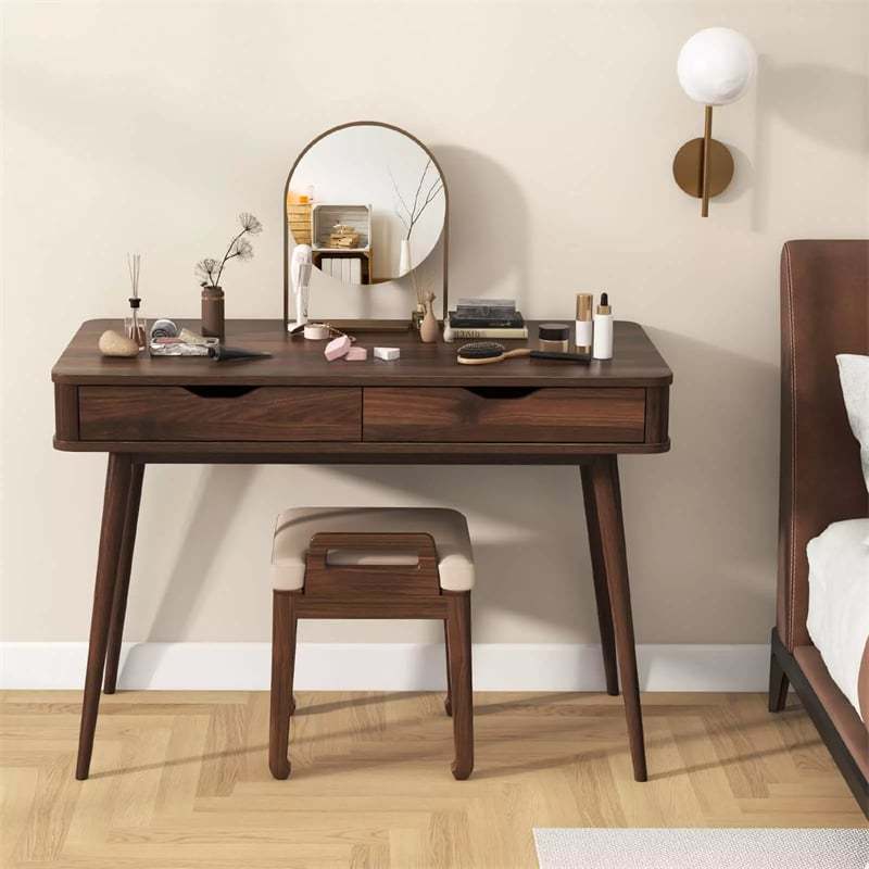 43.5" Mid-Century Desk, Modern Writing Study Desk with 2 Drawers & Rubber Wood Legs, Home Office Desk for Small Space, Vanity Table for Bedroom