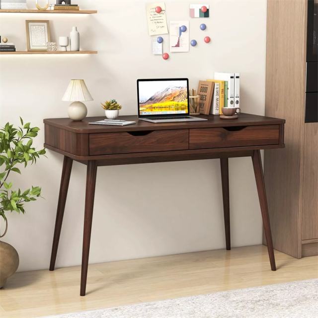 43.5" Mid-Century Desk, Modern Writing Study Desk with 2 Drawers & Rubber Wood Legs, Home Office Desk for Small Space, Vanity Table for Bedroom