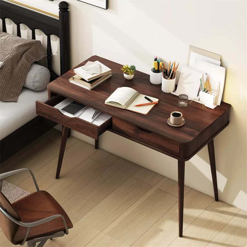 43.5" Mid-Century Desk, Modern Writing Study Desk with 2 Drawers & Rubber Wood Legs, Home Office Desk for Small Space, Vanity Table for Bedroom