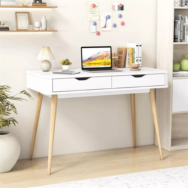 43.5" Mid-Century Desk, Modern Writing Study Desk with 2 Drawers & Rubber Wood Legs, Home Office Desk for Small Space, Vanity Table for Bedroom