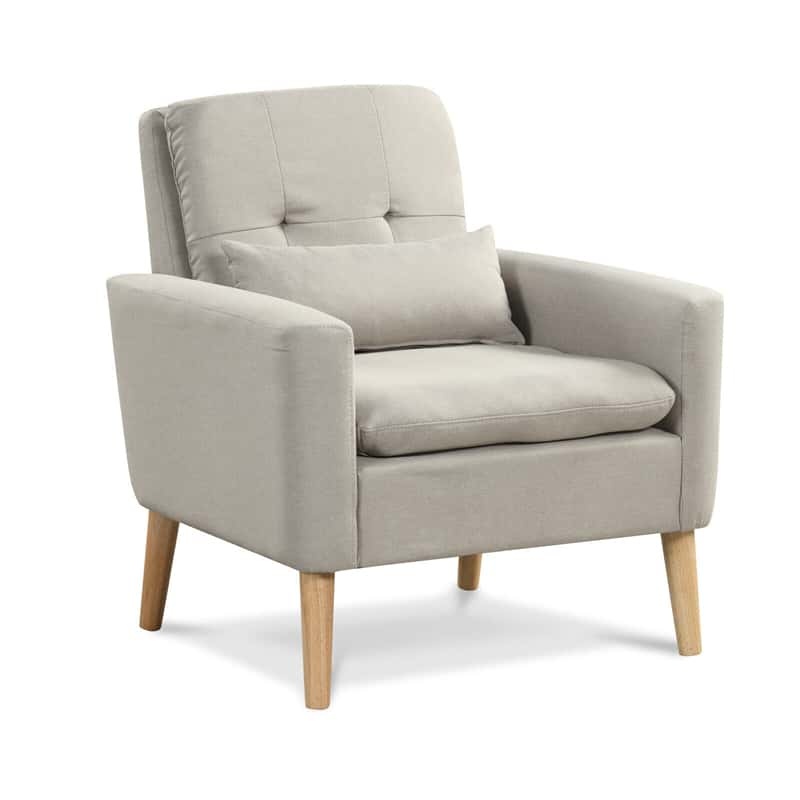 Linen Fabric Accent Chair Mid-Century Modern Armchair Comfy Single Sofa Chair with Lumbar Pillow, Rubber Wood Legs, Seat & Back Cushions