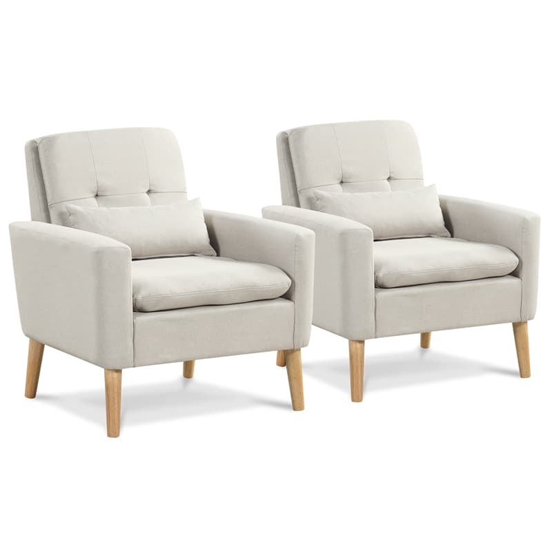 Linen Fabric Accent Chair Mid-Century Modern Armchair Comfy Single Sofa Chair with Lumbar Pillow, Rubber Wood Legs, Seat & Back Cushions