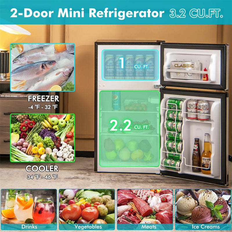2 Door Mini Fridge 3.2 Cu.Ft. Compact Refrigerator with Freezer for Bedroom Dorm Apartment Office