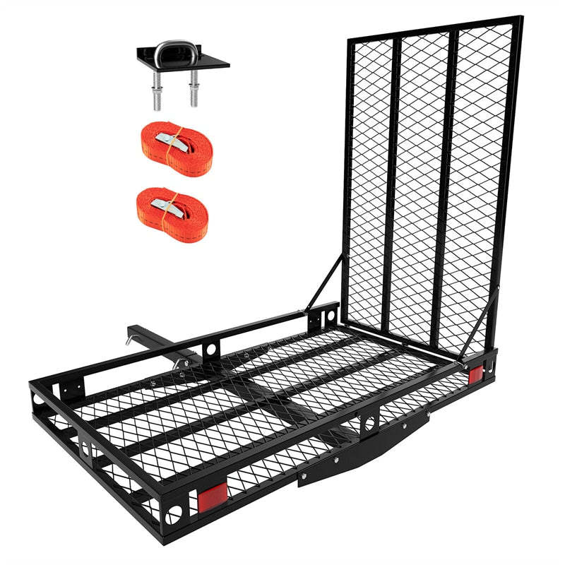 Folding Hitch Cargo Carrier with Ramp & Tie-Down Straps, 500LBS Capacity Heavy Duty Mobility Scooter & Wheelchair Carrier for Car, SUV, Truck, RV