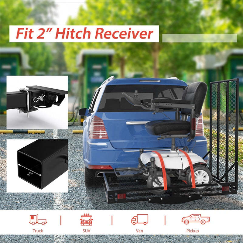 Folding Hitch Cargo Carrier with Ramp & Tie-Down Straps, 500LBS Capacity Heavy Duty Mobility Scooter & Wheelchair Carrier for Car, SUV, Truck, RV