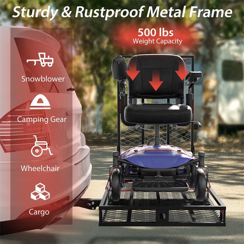 Folding Hitch Cargo Carrier with Ramp & Tie-Down Straps, 500LBS Capacity Heavy Duty Mobility Scooter & Wheelchair Carrier for Car, SUV, Truck, RV