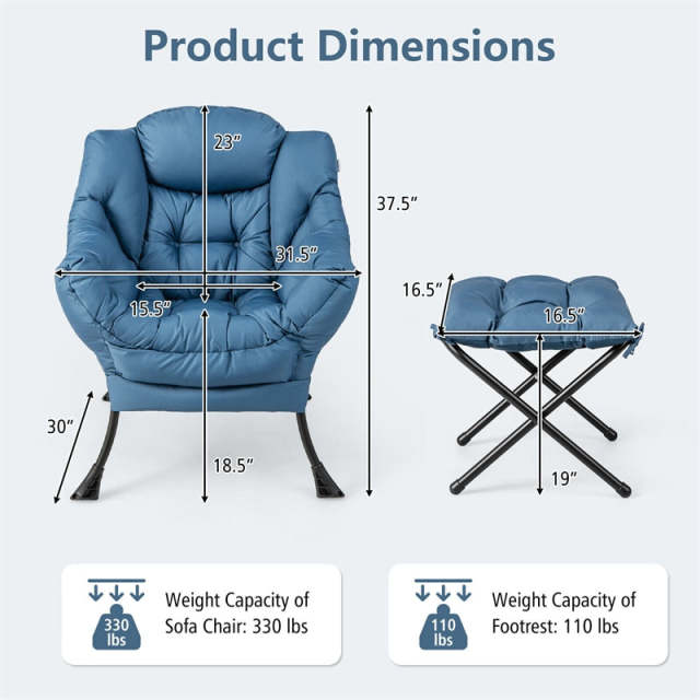Lazy Chair Modern Fabric Leisure Lounge Armchair Upholstered Accent Sofa Chair with Folding Ottoman & Storage Pocket