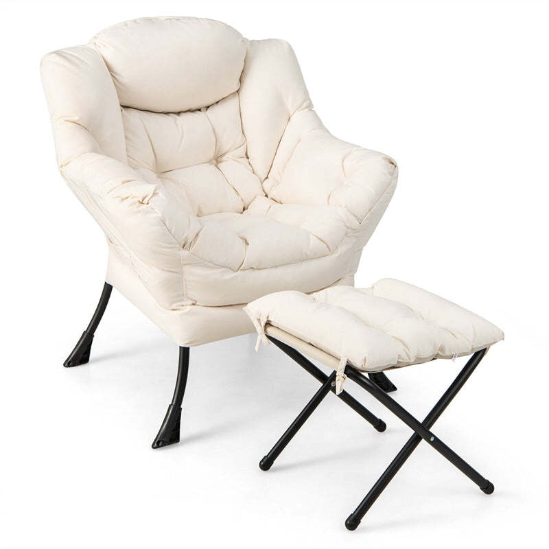Lazy Chair Modern Fabric Leisure Lounge Armchair Upholstered Accent Sofa Chair with Folding Ottoman & Storage Pocket