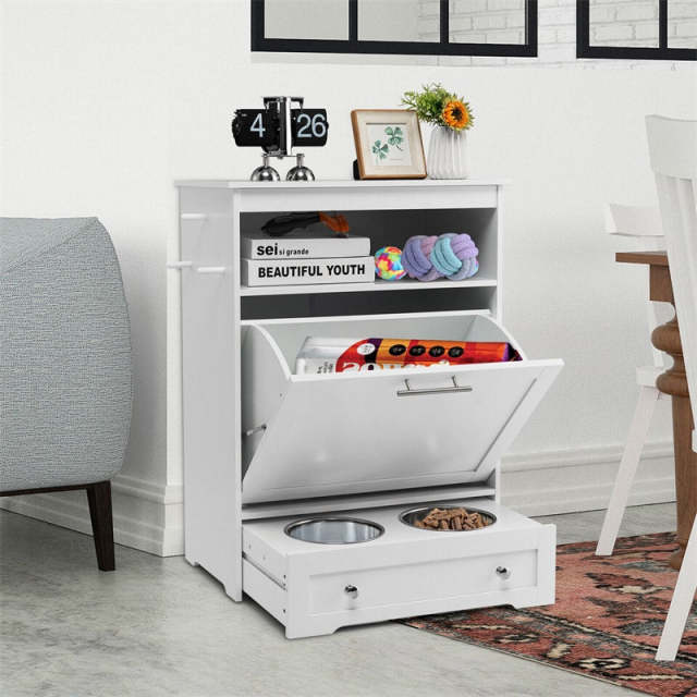 Pet Feeder Station, Dog Food Storage Cabinet with 2 Pull-out Dog Bowls for Watering & Feeding Supplies, Pet Feeder Toy Leashes Organizer