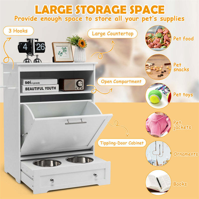 Pet Feeder Station, Dog Food Storage Cabinet with 2 Pull-out Dog Bowls for Watering & Feeding Supplies, Pet Feeder Toy Leashes Organizer