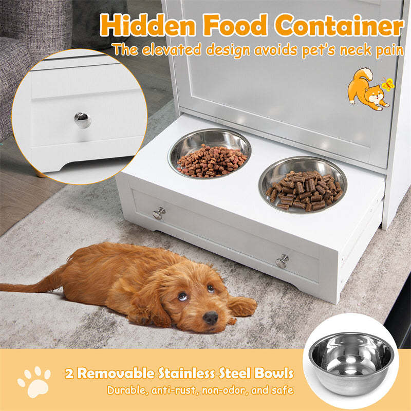 Pet Feeder Station, Dog Food Storage Cabinet with 2 Pull-out Dog Bowls for Watering & Feeding Supplies, Pet Feeder Toy Leashes Organizer