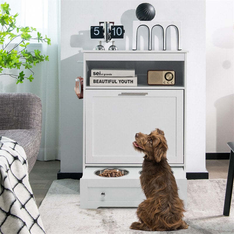 Pet Feeder Station, Dog Food Storage Cabinet with 2 Pull-out Dog Bowls for Watering & Feeding Supplies, Pet Feeder Toy Leashes Organizer