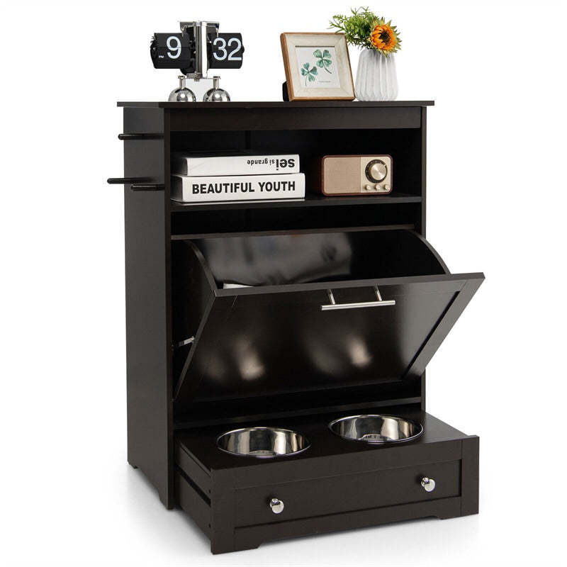 Pet Feeder Station, Dog Food Storage Cabinet with 2 Pull-out Dog Bowls for Watering & Feeding Supplies, Pet Feeder Toy Leashes Organizer