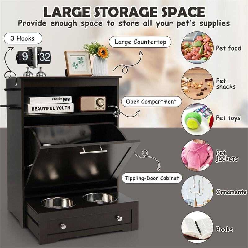 Pet Feeder Station, Dog Food Storage Cabinet with 2 Pull-out Dog Bowls for Watering & Feeding Supplies, Pet Feeder Toy Leashes Organizer