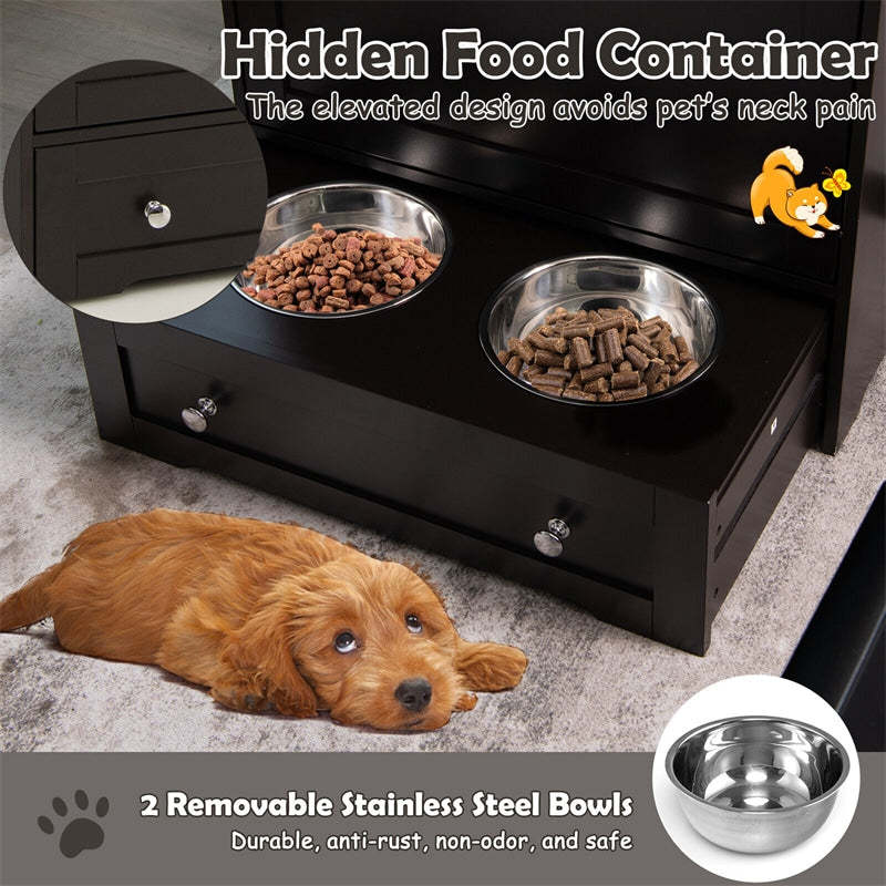 Pet Feeder Station, Dog Food Storage Cabinet with 2 Pull-out Dog Bowls for Watering & Feeding Supplies, Pet Feeder Toy Leashes Organizer