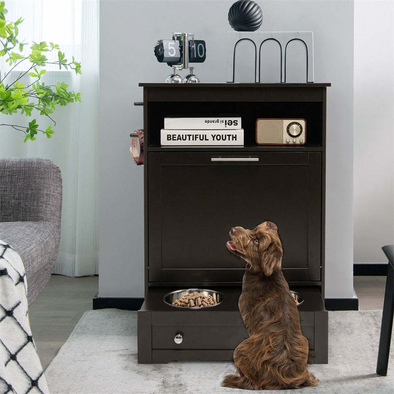 Pet Feeder Station, Dog Food Storage Cabinet with 2 Pull-out Dog Bowls for Watering & Feeding Supplies, Pet Feeder Toy Leashes Organizer
