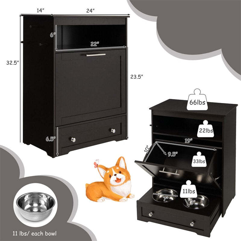 Pet Feeder Station, Dog Food Storage Cabinet with 2 Pull-out Dog Bowls for Watering & Feeding Supplies, Pet Feeder Toy Leashes Organizer