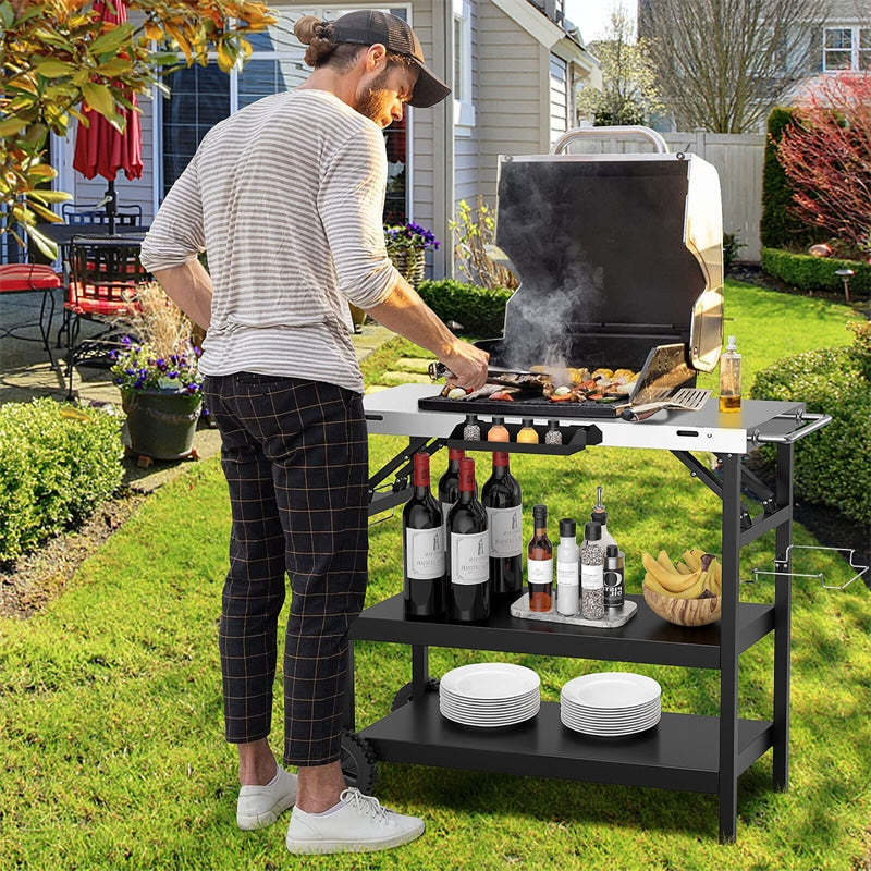 Outdoor Grill Cart 3-Tier Movable Food Prep Table Stainless Steel Kitchen Work Table with Wheels, Spice Rack & Garbage Bag Holder