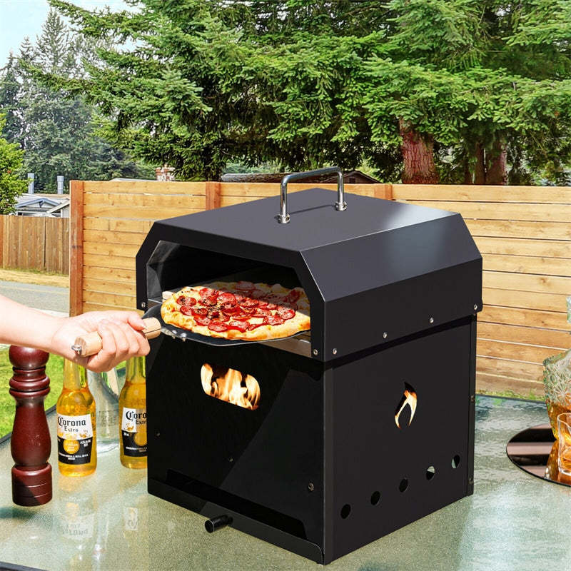 4-in-1 Multipurpose Outdoor Pizza Oven Wood Fired Pizza Oven 2-Layer Detachable Grill Oven & Fire Pit with Pizza Stone, Waterproof Cover for Camping