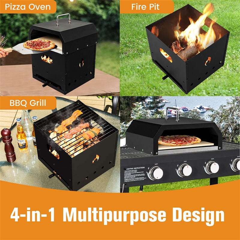 4-in-1 Multipurpose Outdoor Pizza Oven Wood Fired Pizza Oven 2-Layer Detachable Grill Oven & Fire Pit with Pizza Stone, Waterproof Cover for Camping