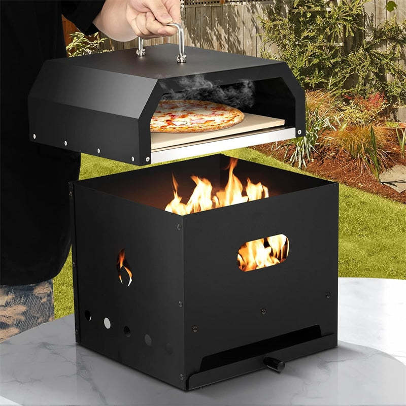 4-in-1 Multipurpose Outdoor Pizza Oven Wood Fired Pizza Oven 2-Layer Detachable Grill Oven & Fire Pit with Pizza Stone, Waterproof Cover for Camping