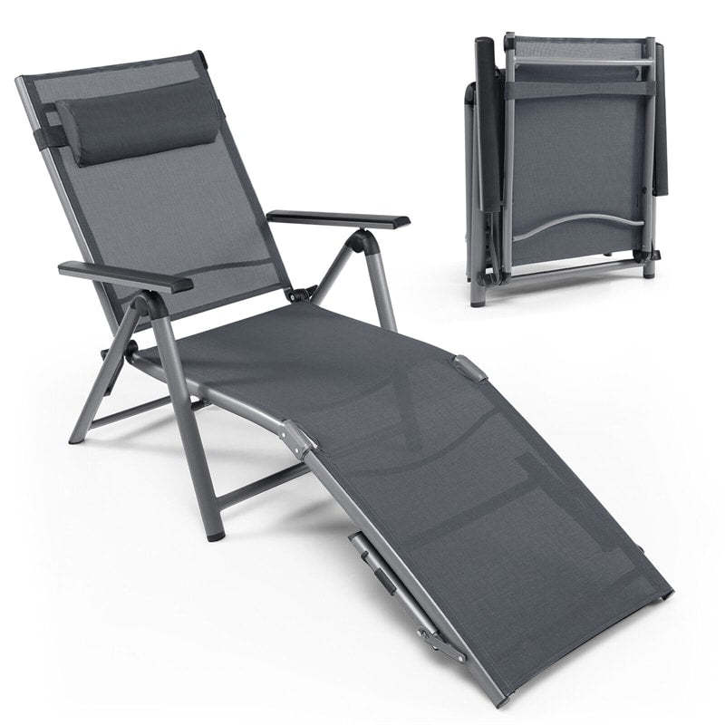 Outdoor Aluminum Folding Chaise Lounge, Reclining Patio Lounge Chair with Headrest Pillow, 8-Level Adjustable Backrest & 2 Leg Positions for Poolside