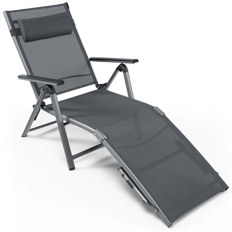 Outdoor Aluminum Folding Chaise Lounge, Reclining Patio Lounge Chair with Headrest Pillow, 8-Level Adjustable Backrest & 2 Leg Positions for Poolside