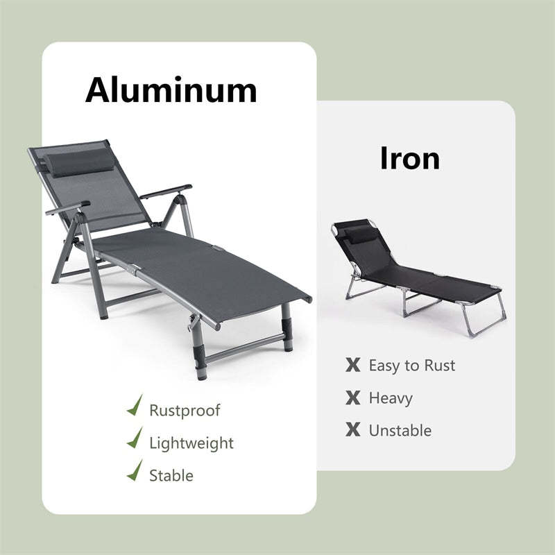 Outdoor Aluminum Folding Chaise Lounge, Reclining Patio Lounge Chair with Headrest Pillow, 8-Level Adjustable Backrest & 2 Leg Positions for Poolside