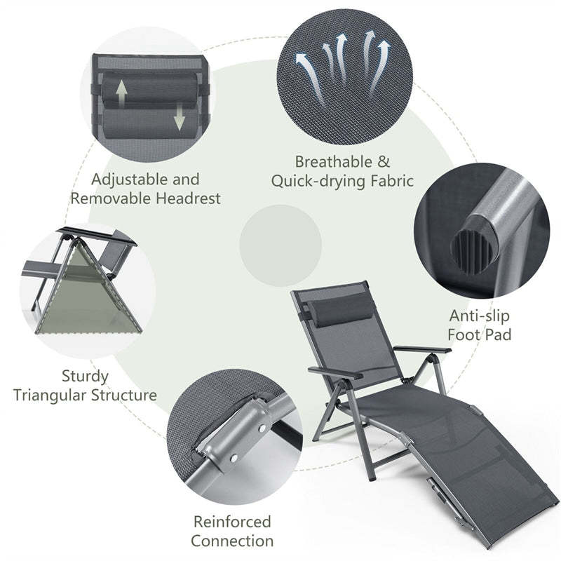 Outdoor Aluminum Folding Chaise Lounge, Reclining Patio Lounge Chair with Headrest Pillow, 8-Level Adjustable Backrest & 2 Leg Positions for Poolside