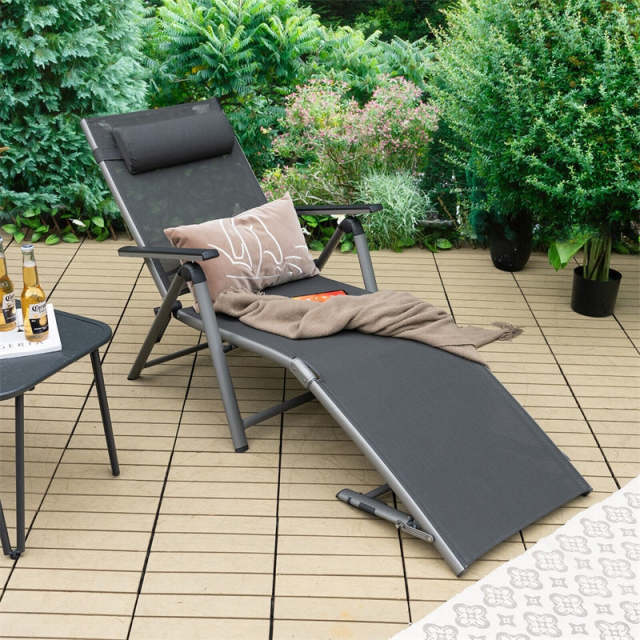 Outdoor Aluminum Folding Chaise Lounge, Reclining Patio Lounge Chair with Headrest Pillow, 8-Level Adjustable Backrest & 2 Leg Positions for Poolside