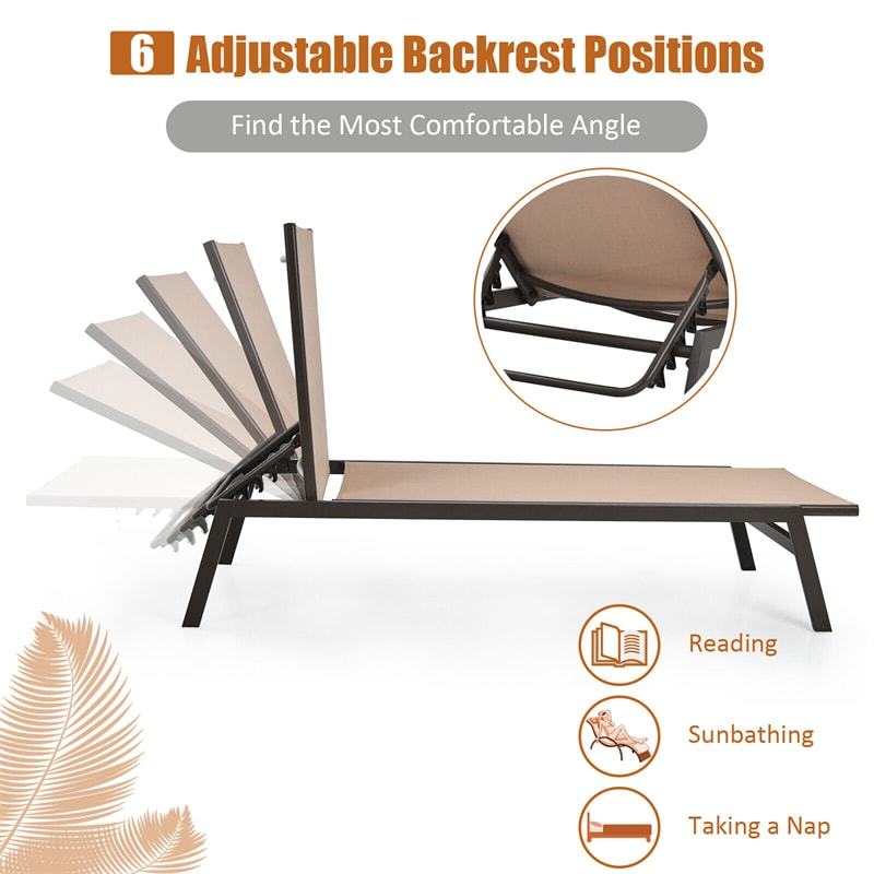 Outdoor Chaise Lounge Chair Reclining Pool Chair with 6-Position Adjustable Backrest