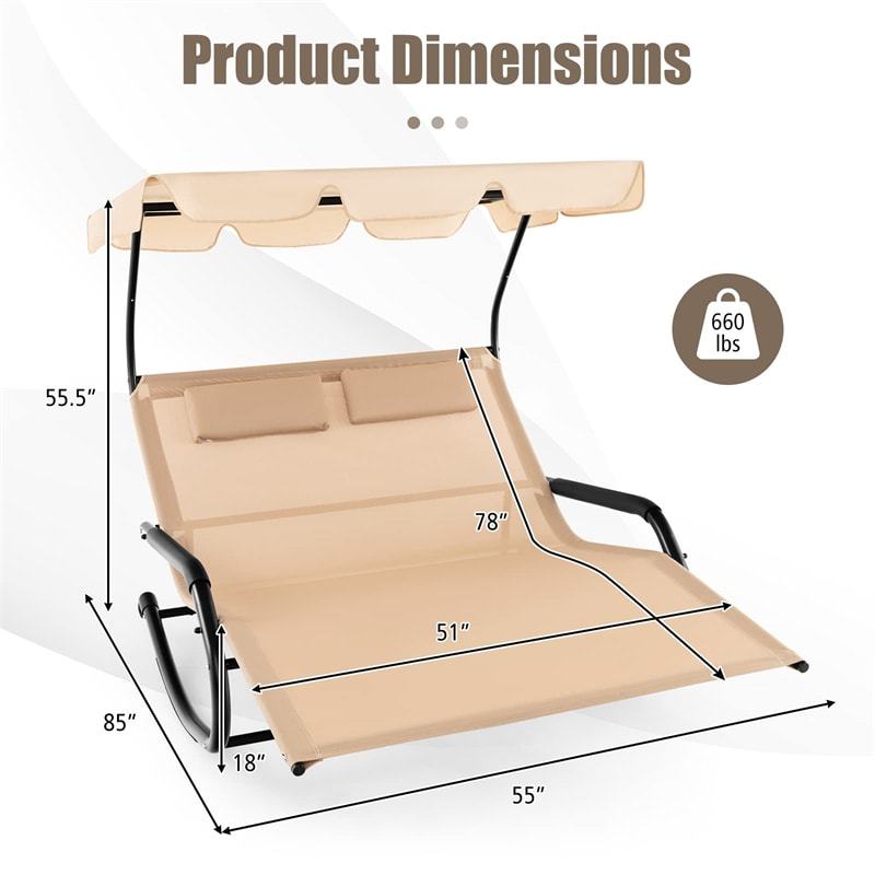 Outdoor Double Chaise Lounge Rocker Metal Frame 2 Person Rocking Lounge Chair with Adjustable Canopy, 2 Detachable Pillows & Wheels