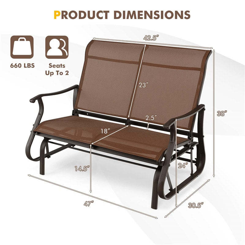 2-Person Outdoor Glider Bench with Steel Frame, Breathable Fabric & High Back, 660lbs Capacity Patio Swing Glider Loveseat for Backyard Poolside Porch