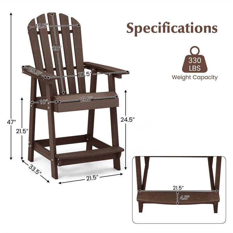 Outdoor HDPE Bar Stool, Tall Adirondack Chair with Armrest & Footrest, Weather-Resistant 47" Counter Height Barstool for Poolside, Patio Garden