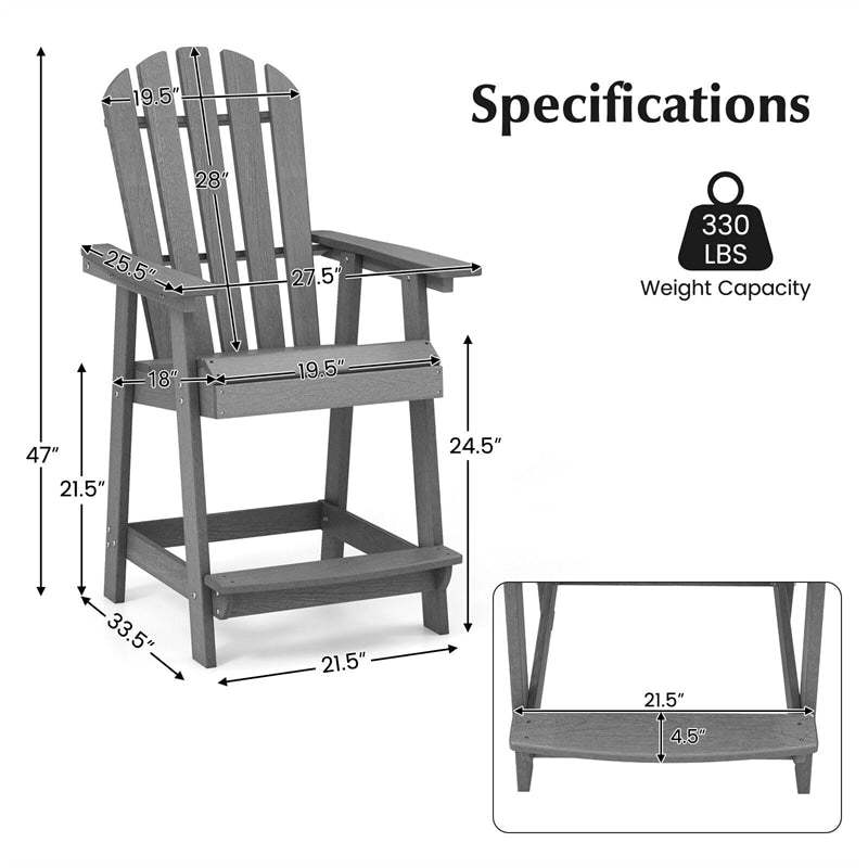 Outdoor HDPE Bar Stool, Tall Adirondack Chair with Armrest & Footrest, Weather-Resistant 47" Counter Height Barstool for Poolside, Patio Garden