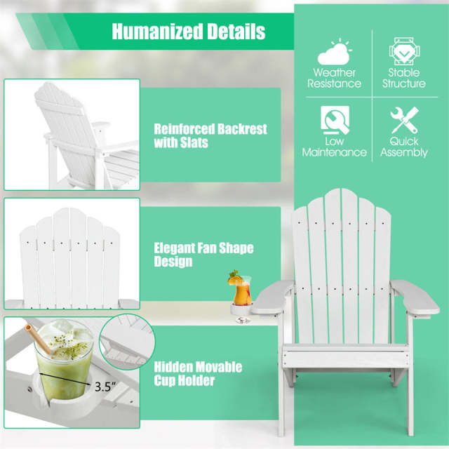 Outdoor HIPS Adirondack Chair, Weather Resistant Wood Fire Pit Chair with Hidden Cup Holder & 380 LBS Capacity for Patio, Backyard, Garden