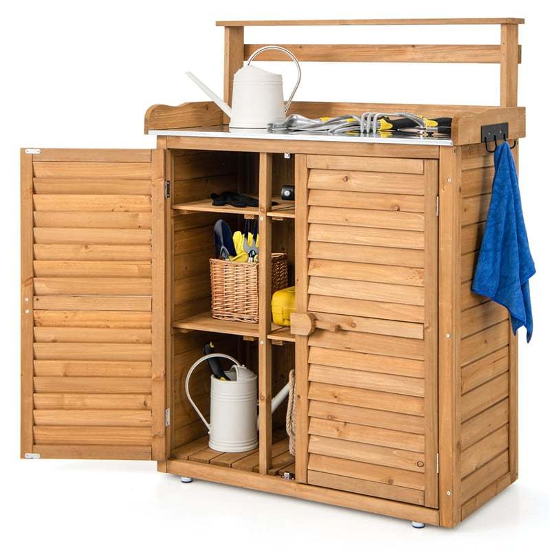 Outdoor Potting Bench Wood Garden Potting Table w/ Storage Cabinet, Galvanized Metal Tabletop & Removable Shelves, Workstation Shed for Patio Backyard