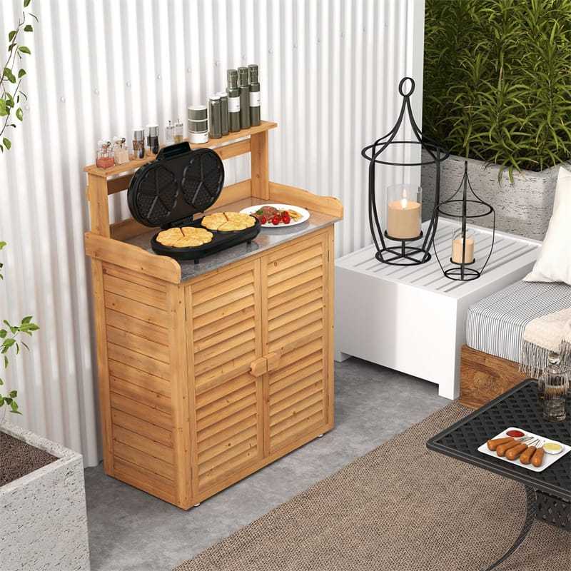 Outdoor Potting Bench Wood Garden Potting Table w/ Storage Cabinet, Galvanized Metal Tabletop & Removable Shelves, Workstation Shed for Patio Backyard