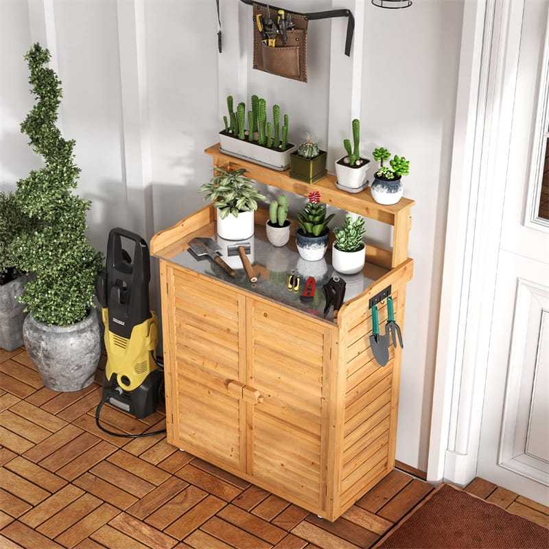 Outdoor Potting Bench Wood Garden Potting Table w/ Storage Cabinet, Galvanized Metal Tabletop & Removable Shelves, Workstation Shed for Patio Backyard