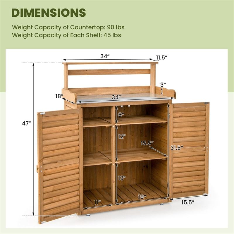Outdoor Potting Bench Wood Garden Potting Table w/ Storage Cabinet, Galvanized Metal Tabletop & Removable Shelves, Workstation Shed for Patio Backyard