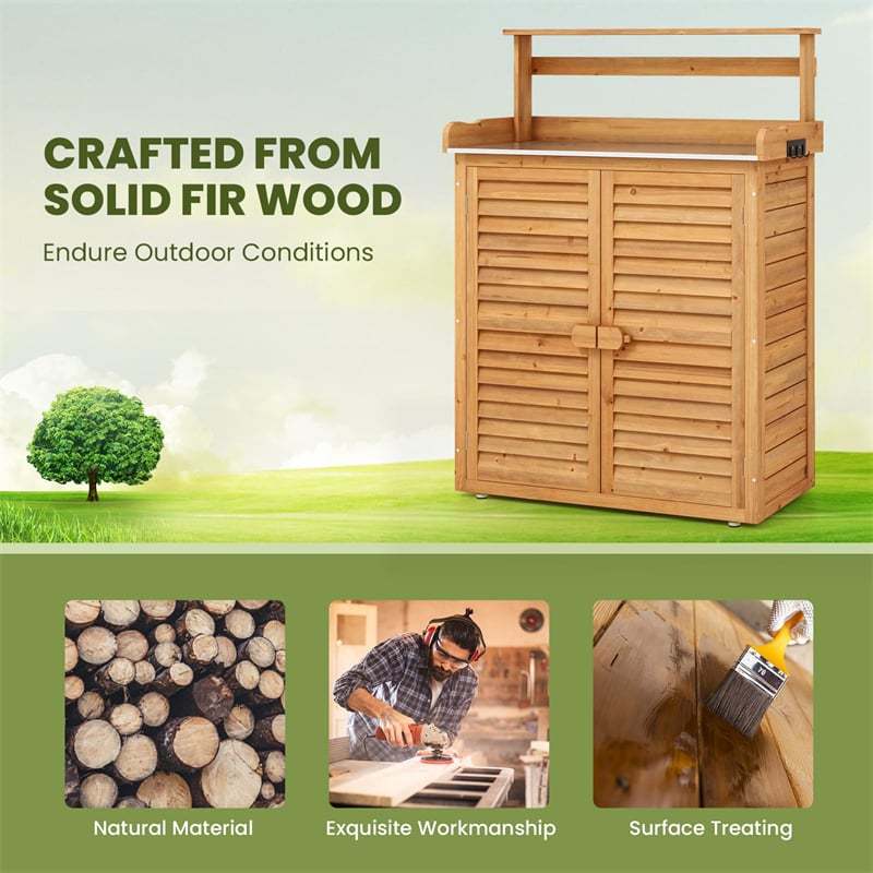 Outdoor Potting Bench Wood Garden Potting Table w/ Storage Cabinet, Galvanized Metal Tabletop & Removable Shelves, Workstation Shed for Patio Backyard