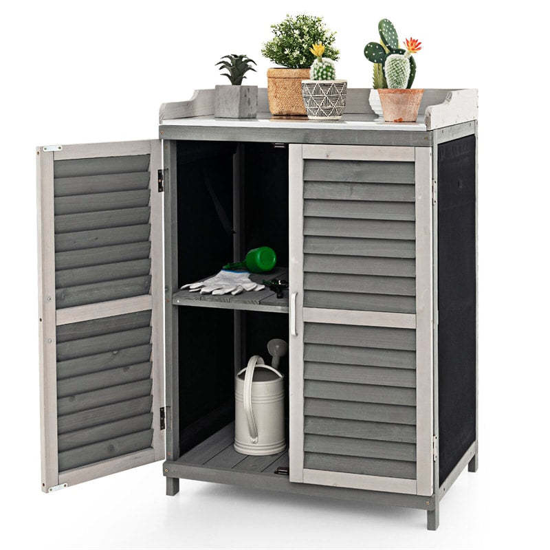 Outdoor Potting Bench Table with Metal Tabletop, Roll-Up Door & 2 Shelves, Waterproof Wooden Storage Cabinet for Garden, Patio Backyard
