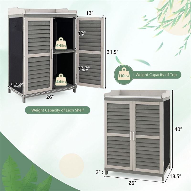 Outdoor Potting Bench Table with Metal Tabletop, Roll-Up Door & 2 Shelves, Waterproof Wooden Storage Cabinet for Garden, Patio Backyard