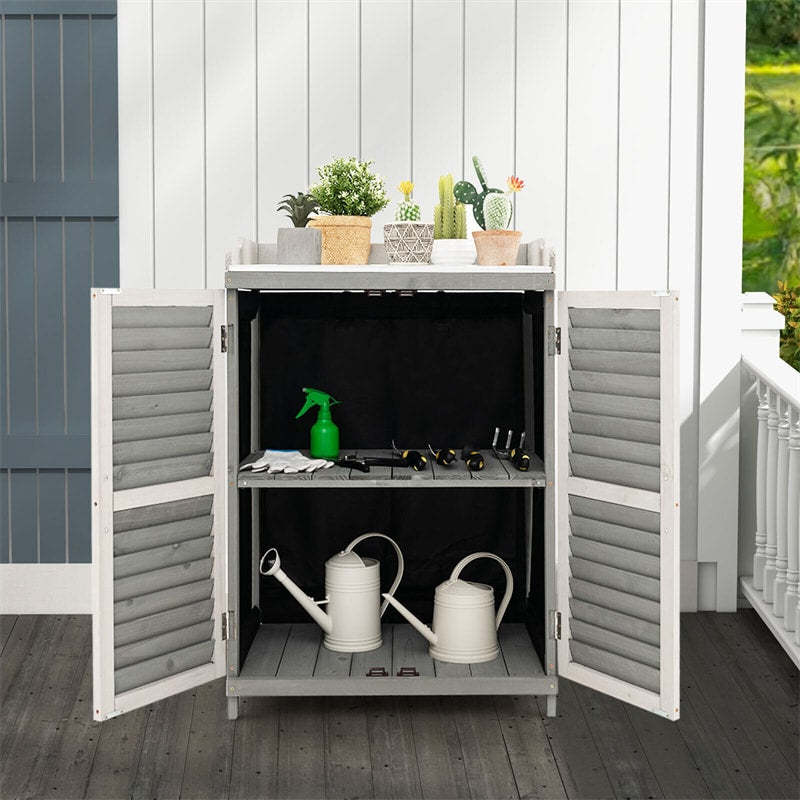 Outdoor Potting Bench Table with Metal Tabletop, Roll-Up Door & 2 Shelves, Waterproof Wooden Storage Cabinet for Garden, Patio Backyard