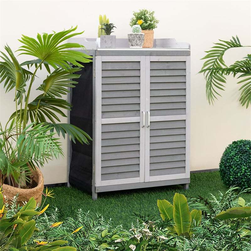 Outdoor Potting Bench Table with Metal Tabletop, Roll-Up Door & 2 Shelves, Waterproof Wooden Storage Cabinet for Garden, Patio Backyard
